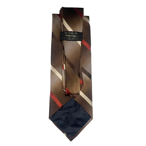 WEMLON by Wembley Vintage Thin Striped Tan Hazelnut & Red Tie 55" x 4" - Picture 2 of 11
